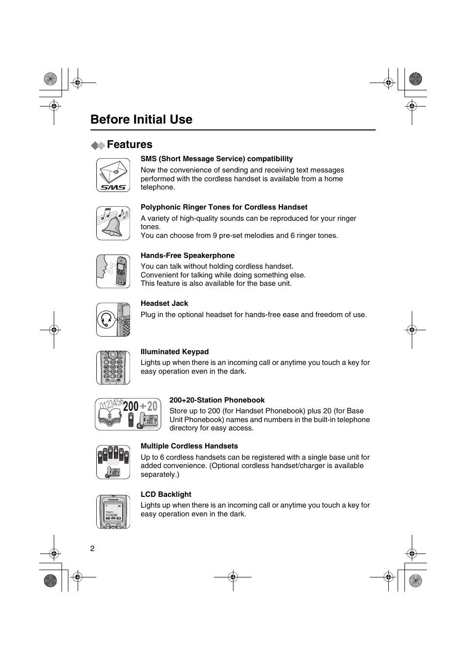 Before initial use, Features | Panasonic KX-TCD535HK User Manual | Page 2 / 116