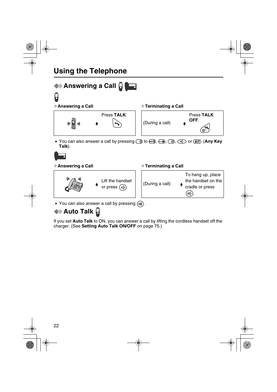 Using the telephone, Answering a call, Auto talk | Panasonic KX-TCD535HK User Manual | Page 22 / 116