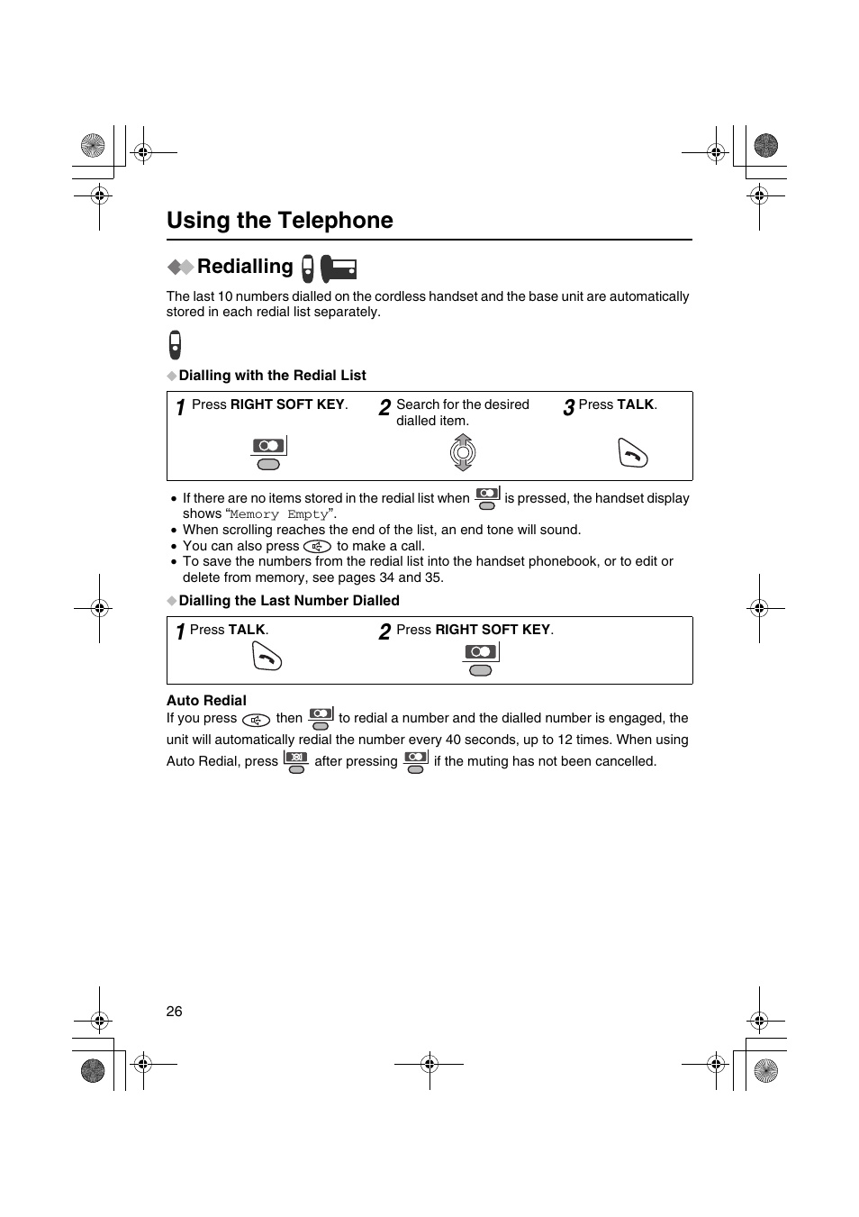 Using the telephone, Redialling | Panasonic KX-TCD535HK User Manual | Page 26 / 116