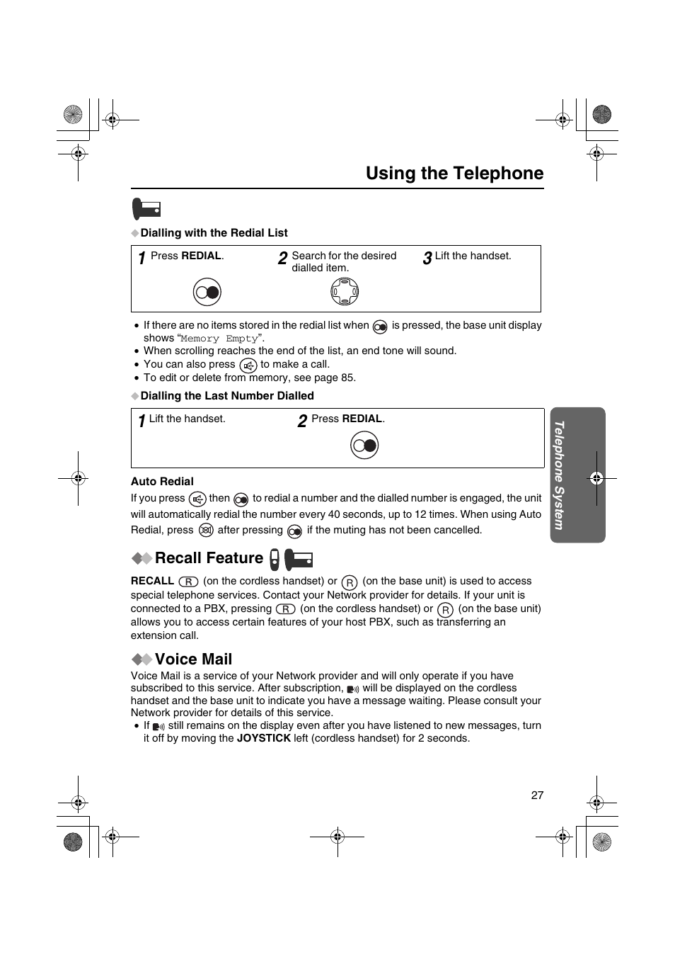 Using the telephone, Recall feature, Voice mail | Panasonic KX-TCD535HK User Manual | Page 27 / 116