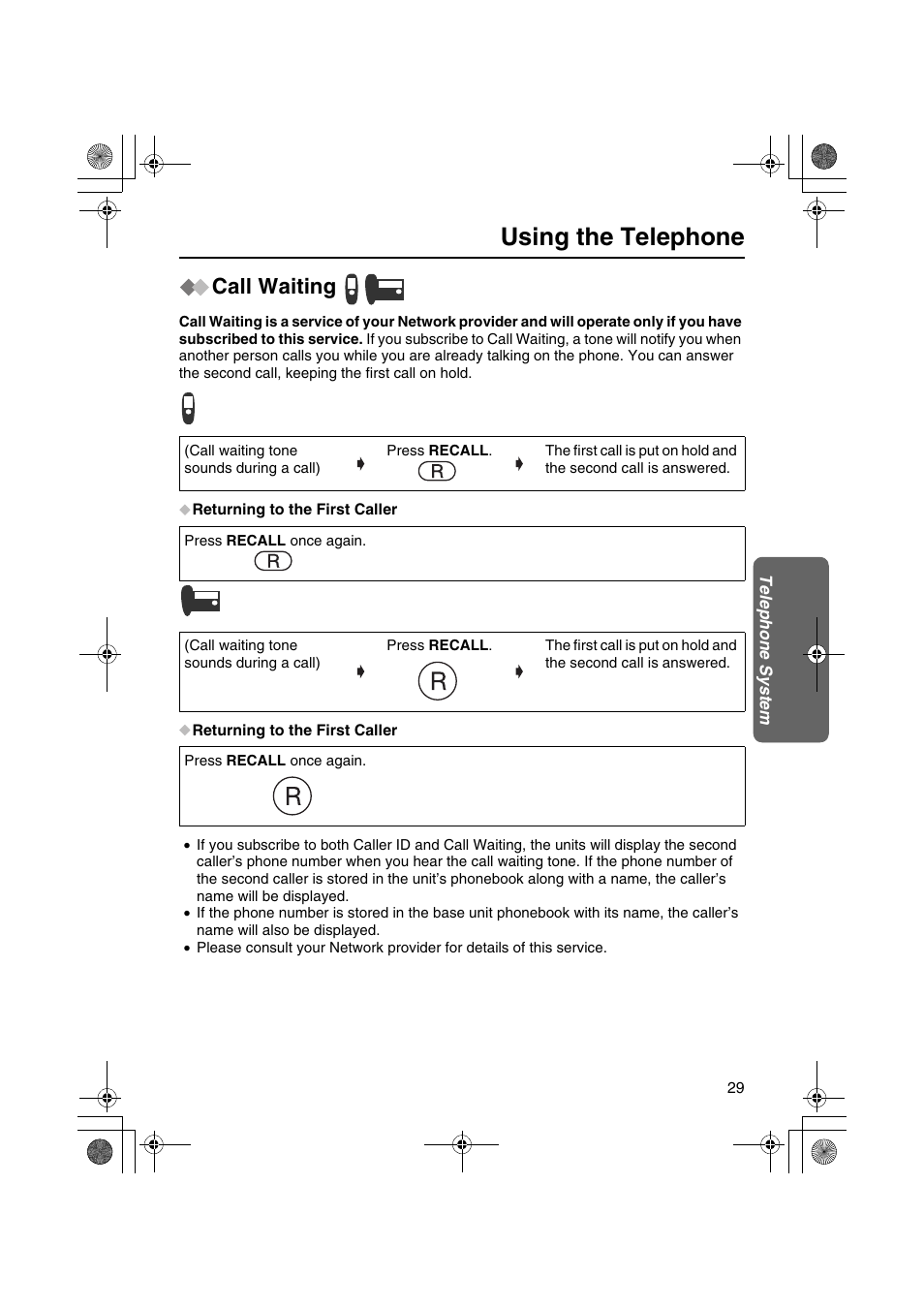 Using the telephone, Call waiting | Panasonic KX-TCD535HK User Manual | Page 29 / 116