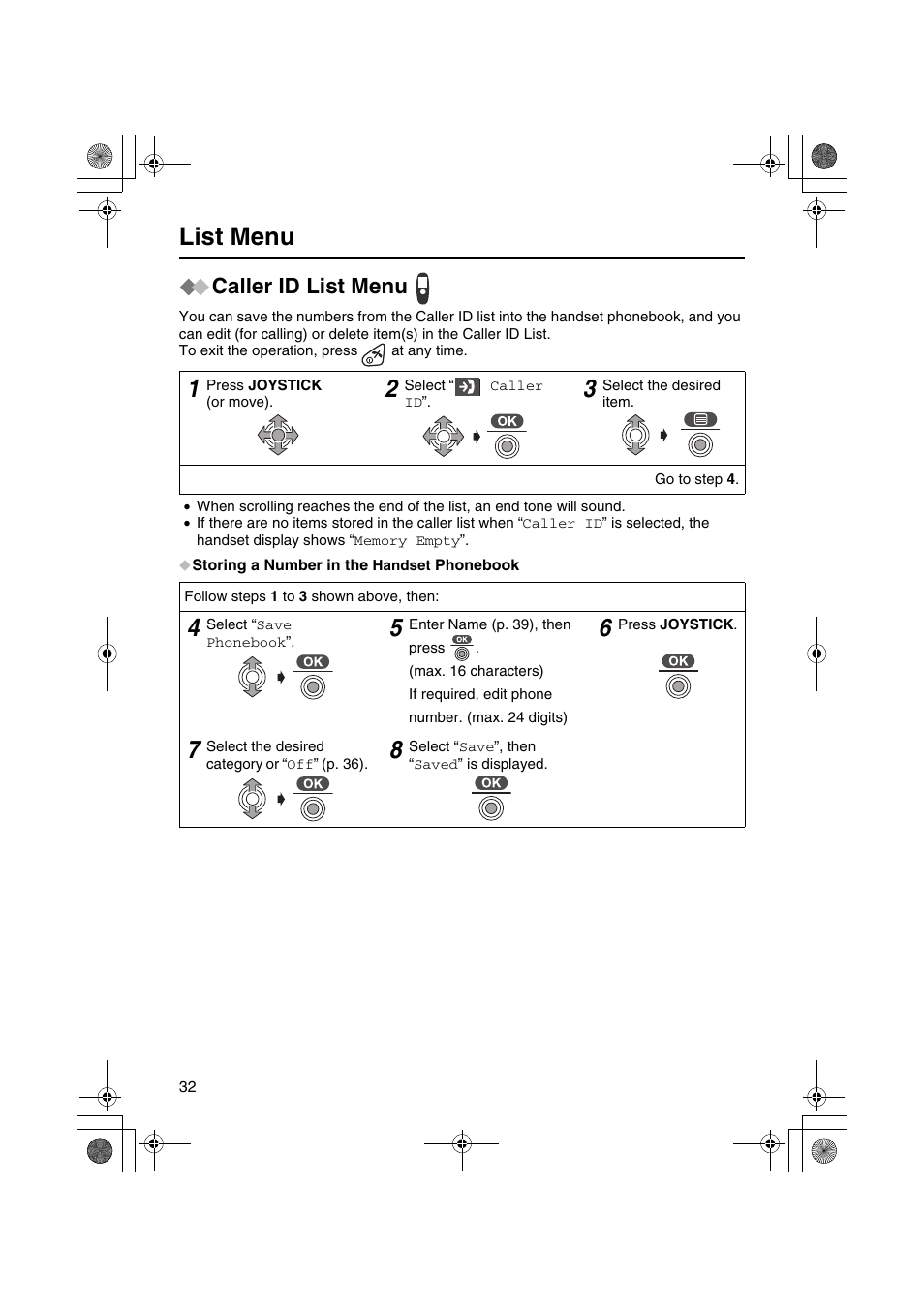 List menu, Caller id list menu | Panasonic KX-TCD535HK User Manual | Page 32 / 116