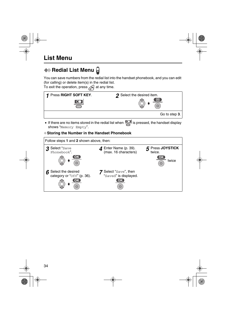 List menu, Redial list menu | Panasonic KX-TCD535HK User Manual | Page 34 / 116