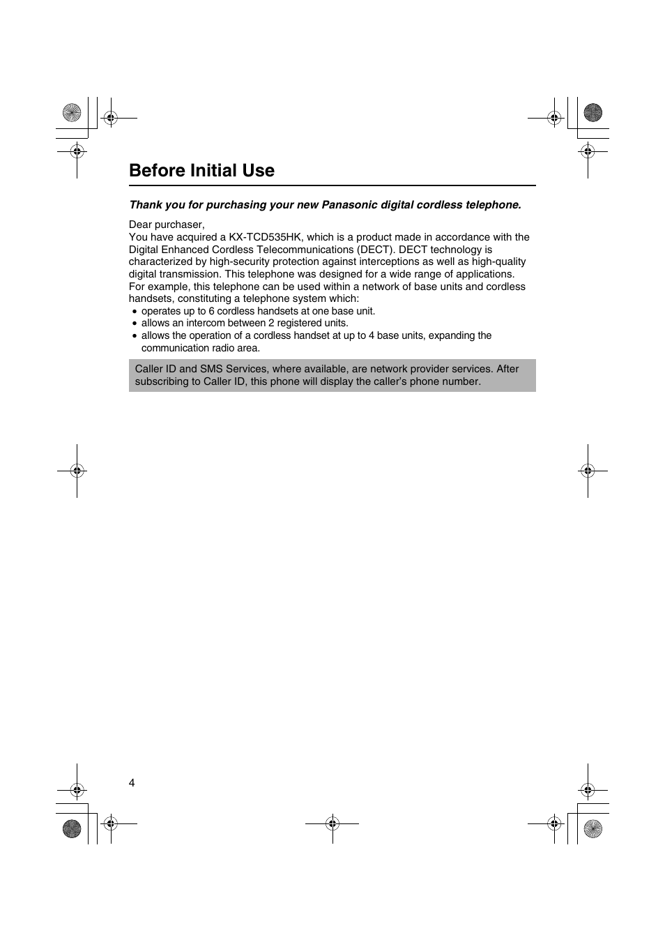 Before initial use | Panasonic KX-TCD535HK User Manual | Page 4 / 116