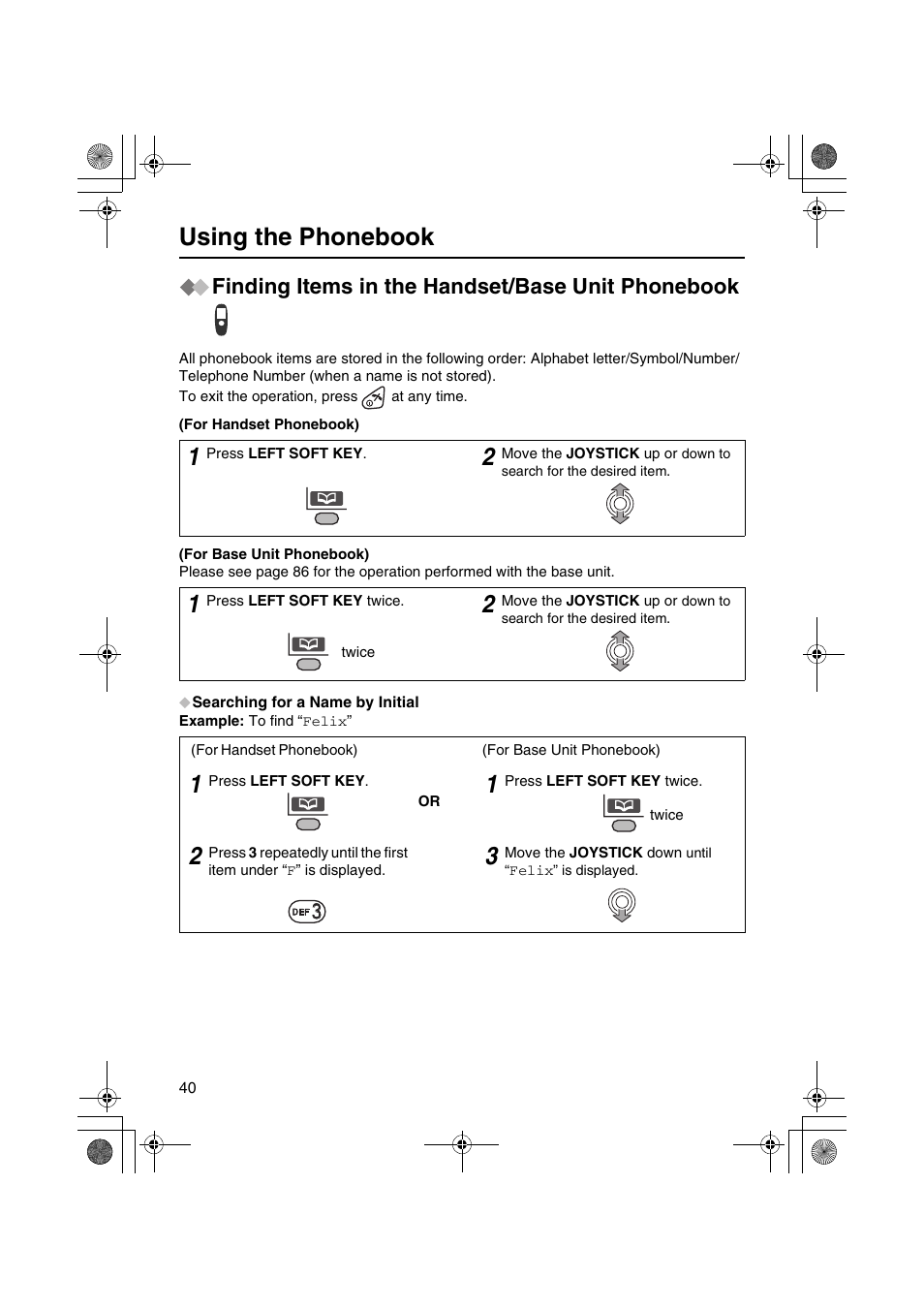 Using the phonebook, Finding items in the handset/base unit phonebook | Panasonic KX-TCD535HK User Manual | Page 40 / 116