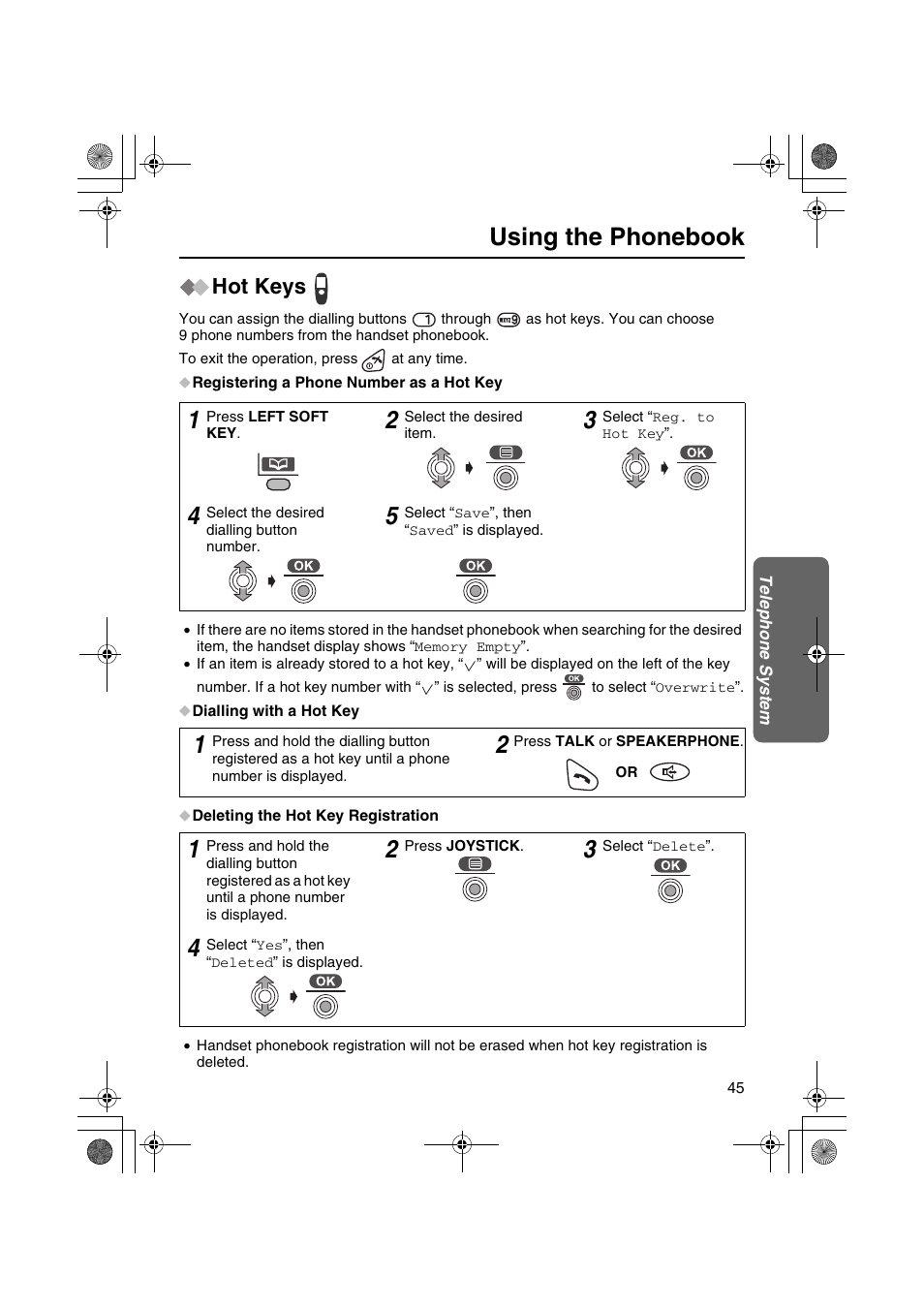 Using the phonebook, Hot keys | Panasonic KX-TCD535HK User Manual | Page 45 / 116