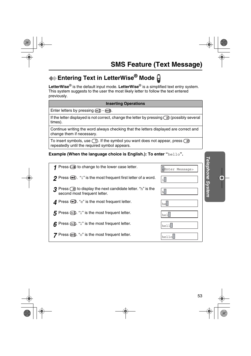 Sms feature (text message), Entering text in letterwise, Mode | Panasonic KX-TCD535HK User Manual | Page 53 / 116