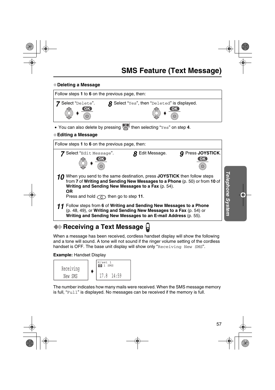 Sms feature (text message), Receiving new sms, Receiving a text message | Panasonic KX-TCD535HK User Manual | Page 57 / 116