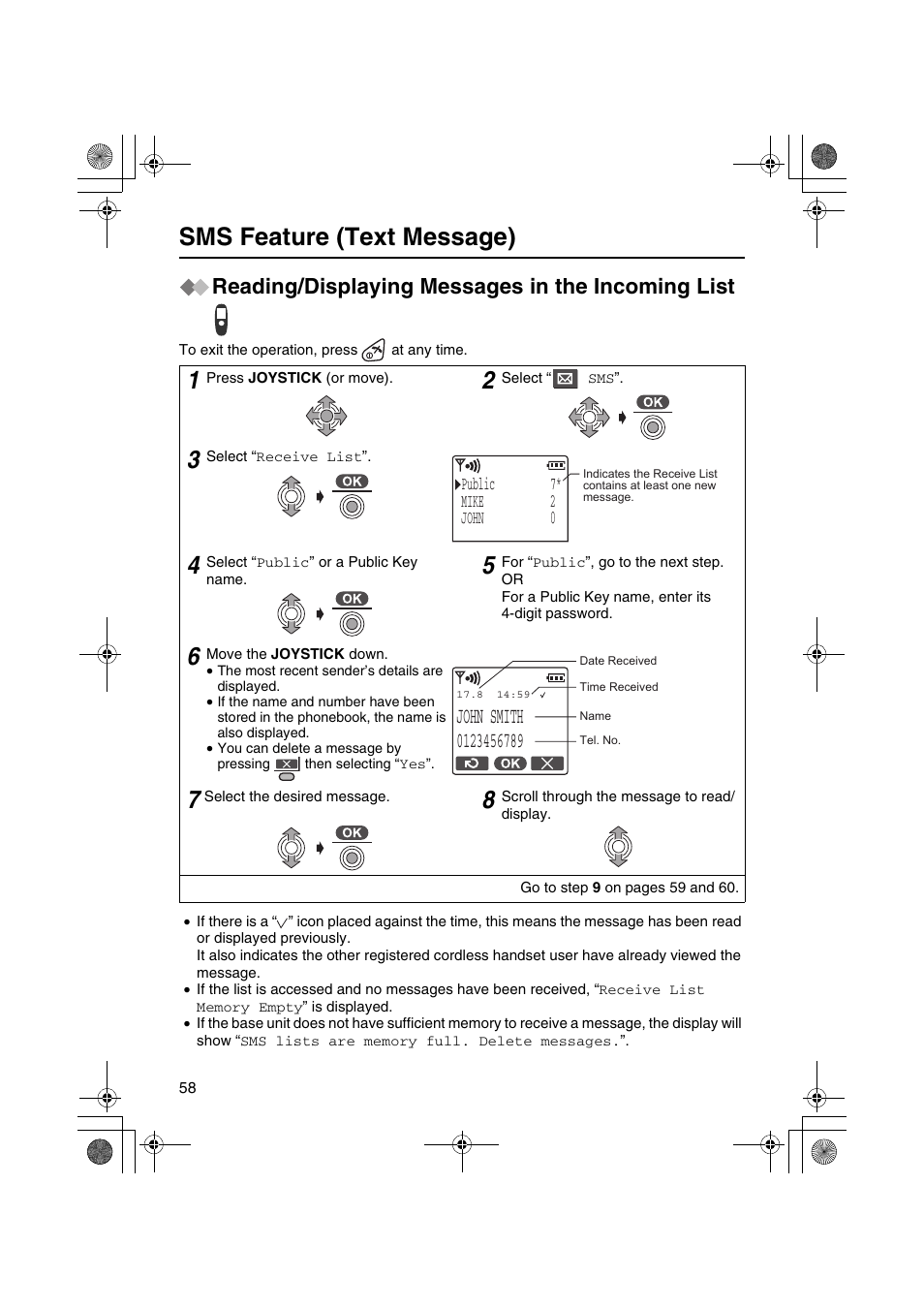 Sms feature (text message), Reading/displaying messages in the incoming list | Panasonic KX-TCD535HK User Manual | Page 58 / 116