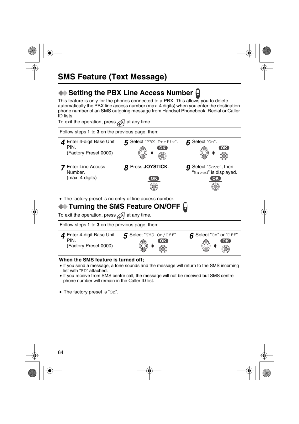 Sms feature (text message), Setting the pbx line access number, Turning the sms feature on/off | Panasonic KX-TCD535HK User Manual | Page 64 / 116