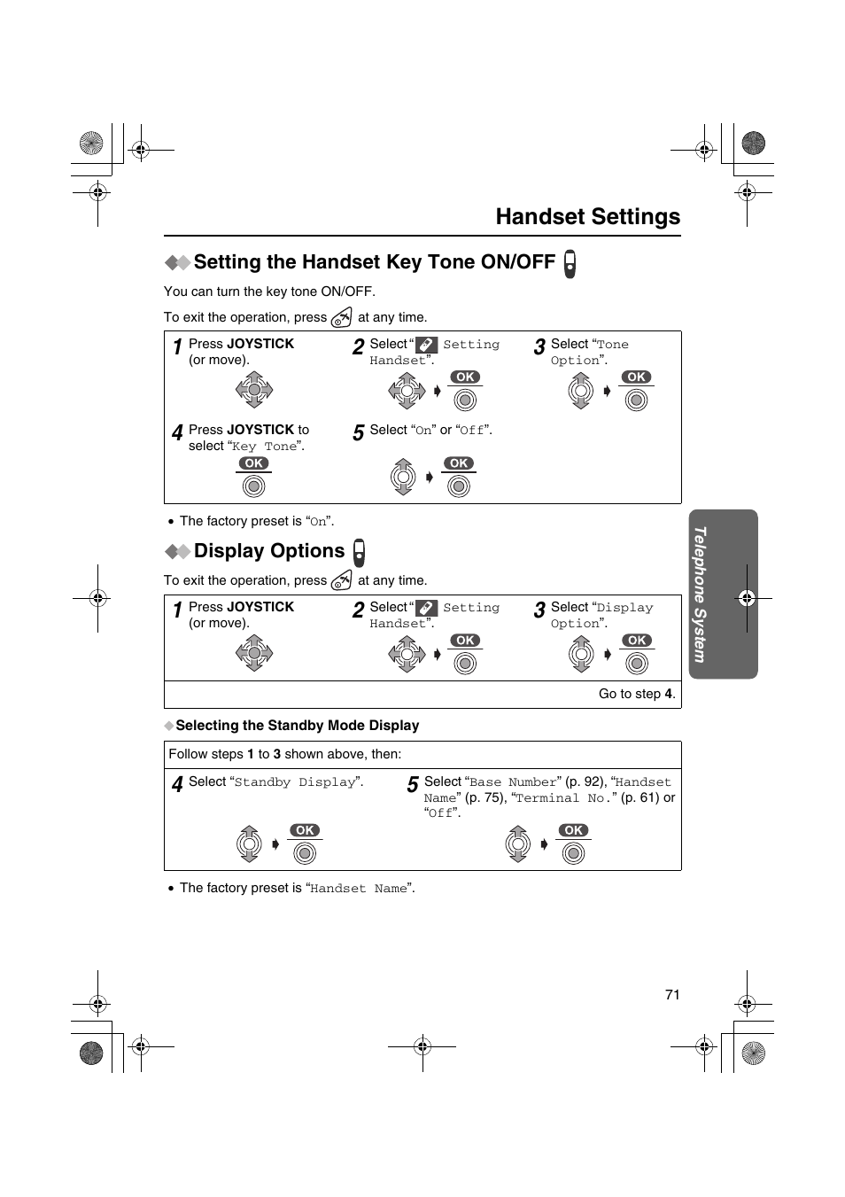 Handset settings, Setting the handset key tone on/off, Display options | Panasonic KX-TCD535HK User Manual | Page 71 / 116