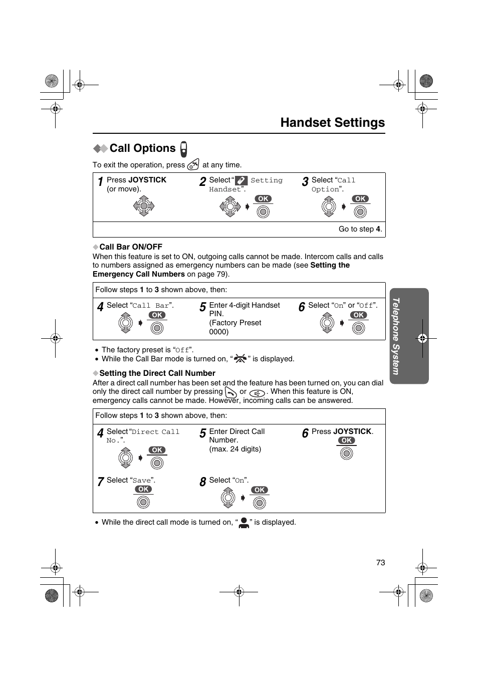 Handset settings, Call options | Panasonic KX-TCD535HK User Manual | Page 73 / 116