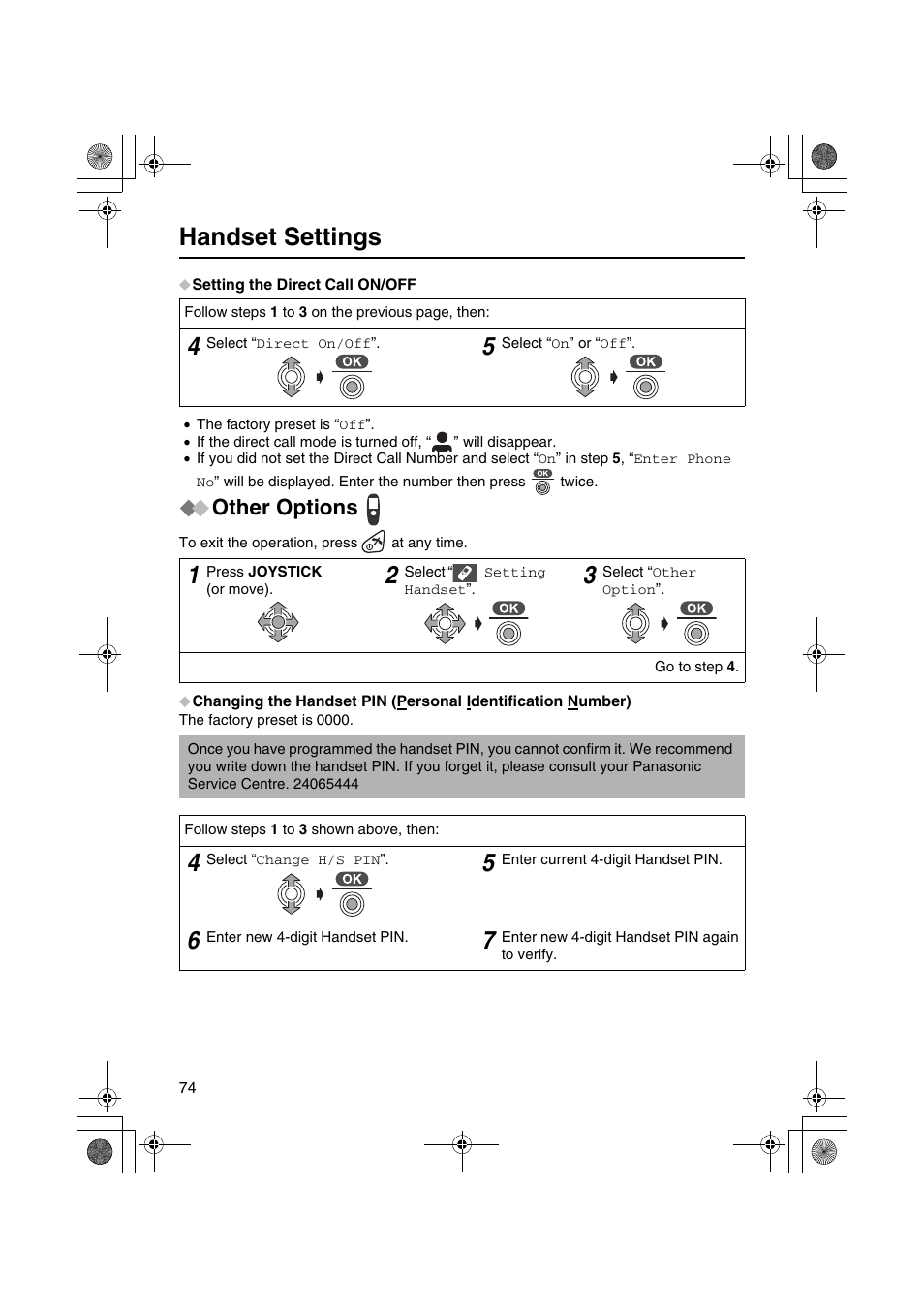 Handset settings, Other options | Panasonic KX-TCD535HK User Manual | Page 74 / 116