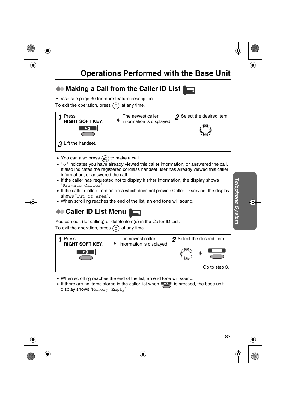 Operations performed with the base unit, Making a call from the caller id list, Caller id list menu | Panasonic KX-TCD535HK User Manual | Page 83 / 116