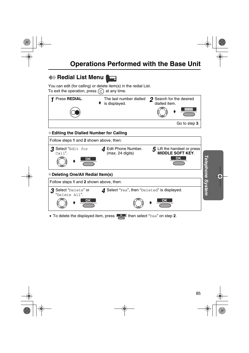 Operations performed with the base unit, Redial list menu | Panasonic KX-TCD535HK User Manual | Page 85 / 116