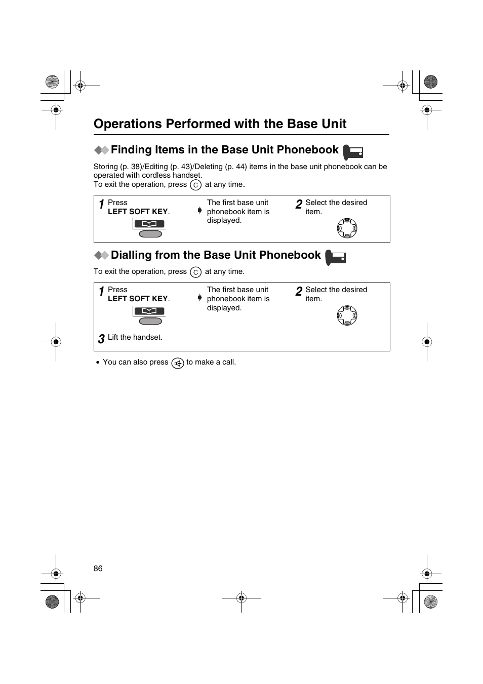 Operations performed with the base unit, Finding items in the base unit phonebook, Dialling from the base unit phonebook | Panasonic KX-TCD535HK User Manual | Page 86 / 116