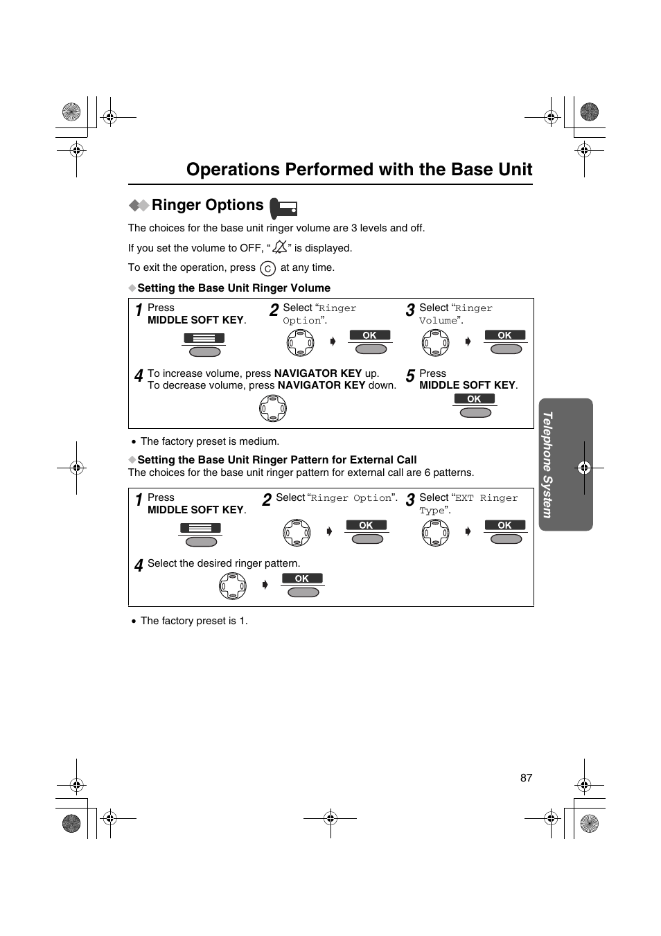 Operations performed with the base unit, Ringer options | Panasonic KX-TCD535HK User Manual | Page 87 / 116