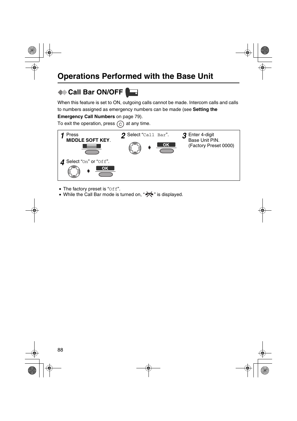 Operations performed with the base unit, Call bar on/off | Panasonic KX-TCD535HK User Manual | Page 88 / 116