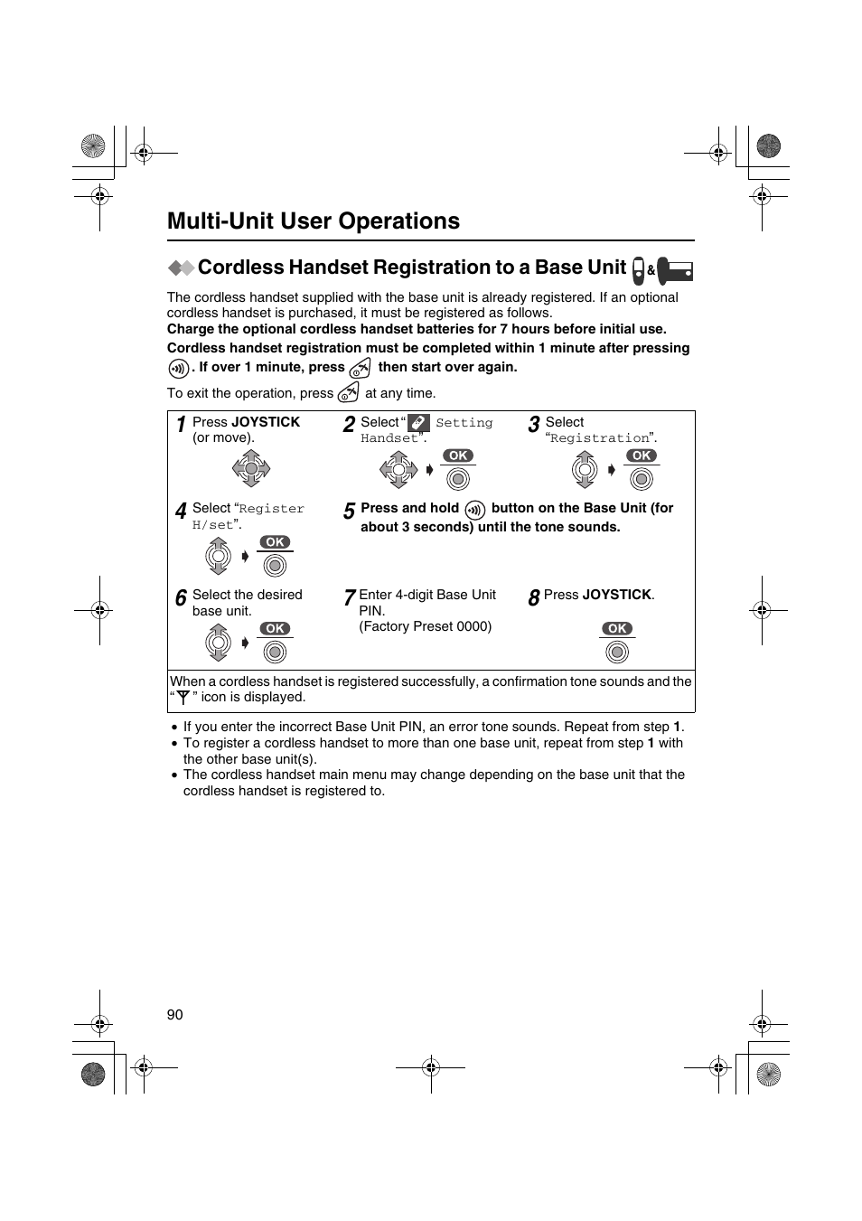 Multi-unit user operations, Cordless handset registration to a base unit | Panasonic KX-TCD535HK User Manual | Page 90 / 116