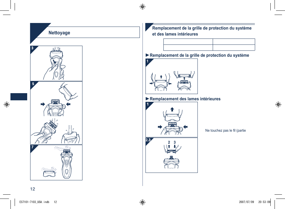 Nettoyer, Nettoyage | Panasonic ES7103 User Manual | Page 12 / 20