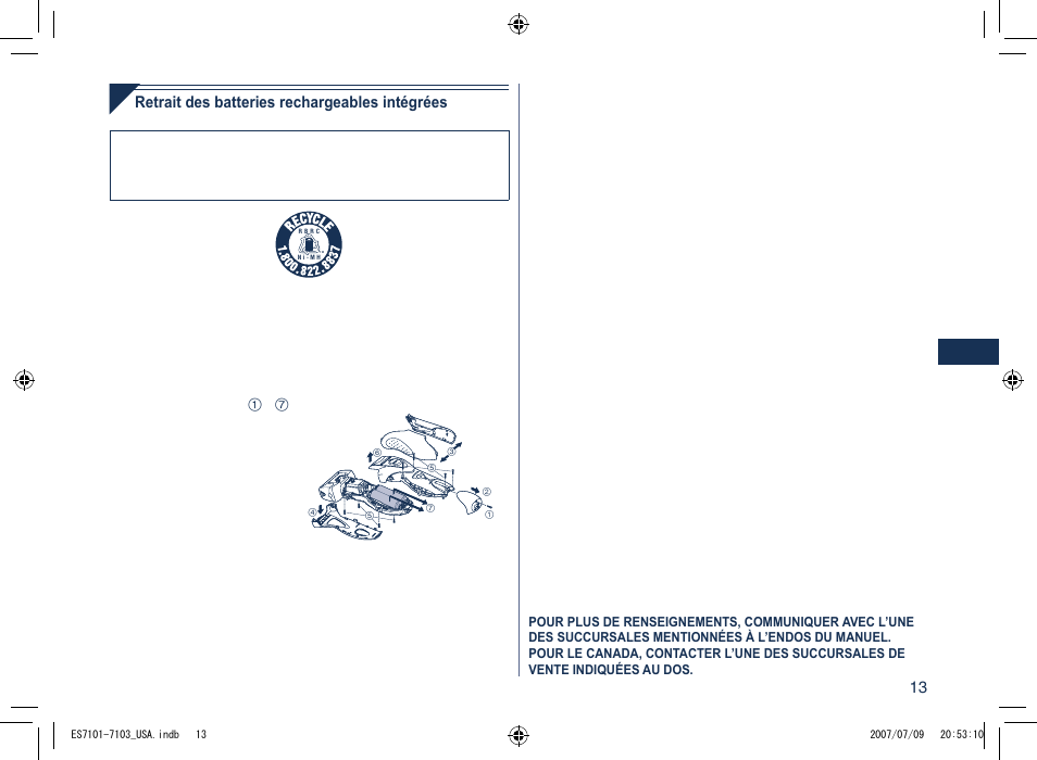 Retrait des batteries rechargeables intégrées | Panasonic ES7103 User Manual | Page 13 / 20