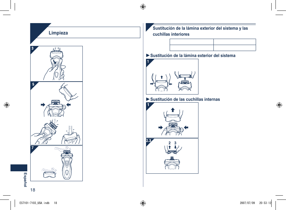 Limpieza | Panasonic ES7103 User Manual | Page 18 / 20