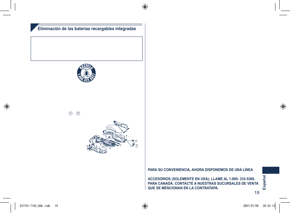 Eliminación de las baterías recargables integradas | Panasonic ES7103 User Manual | Page 19 / 20