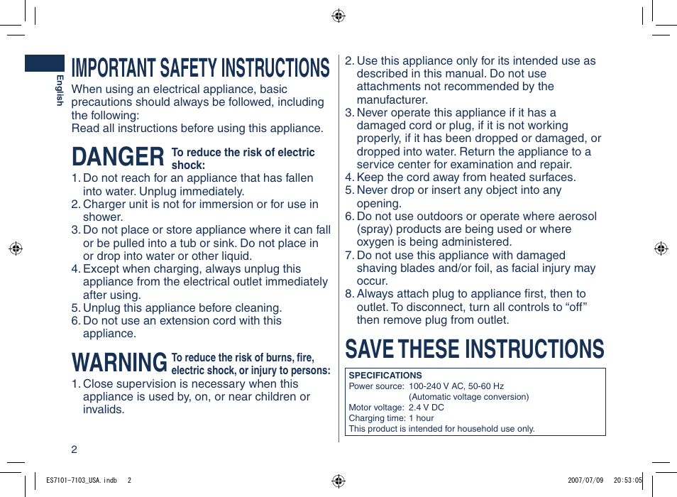 English, Important safety instructions, Danger | Warning, Save these instructions | Panasonic ES7103 User Manual | Page 2 / 20