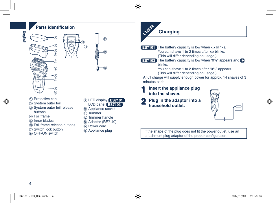 Char ge | Panasonic ES7103 User Manual | Page 4 / 20