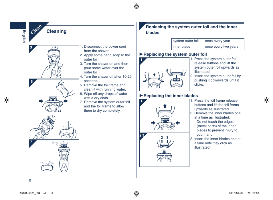 Clean, Cleaning | Panasonic ES7103 User Manual | Page 6 / 20