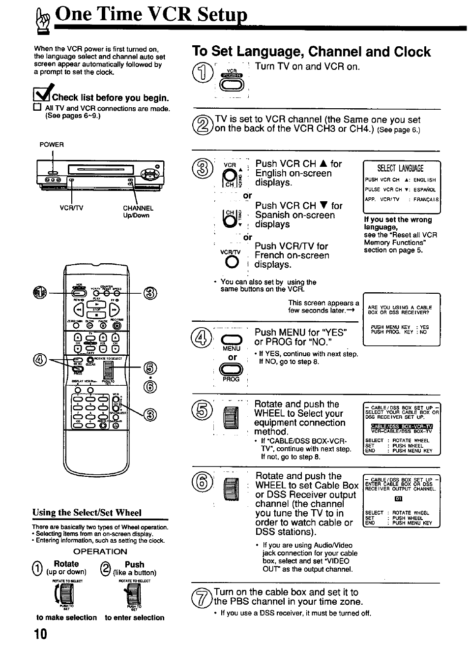 One_time^c^setu, Ijsi^heck list before you begin, To make selection to enter selection | Using the select/set wheel, Turn tv on and vcr on, Push vcr ch, For english on-screen displays. push vcr ch | Panasonic OMNIVISION PV-4661 User Manual | Page 10 / 32