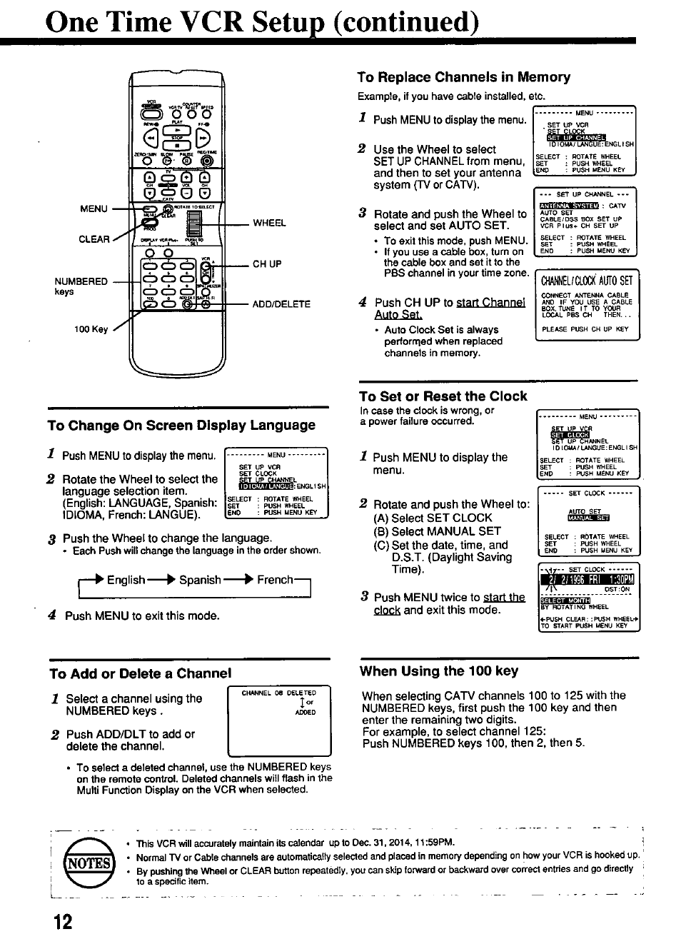 One tíme vcr setup (continued), To change on screen display language, To replace channels in memory | To set or reset the clock, To add or delete a channel, When using the 100 key | Panasonic OMNIVISION PV-4661 User Manual | Page 12 / 32