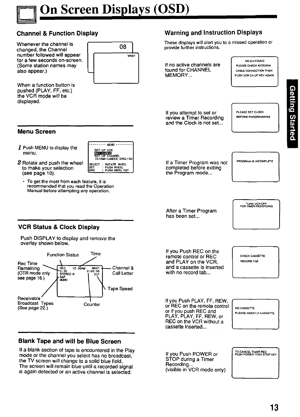 Onscreei^is£la^s_(osd), Menu screen, Warning and instruction displays | Vcr status & clock display, Blank tape and will be blue screen, Channel & function display, Menu screen warning and instruction displays | Panasonic OMNIVISION PV-4661 User Manual | Page 13 / 32