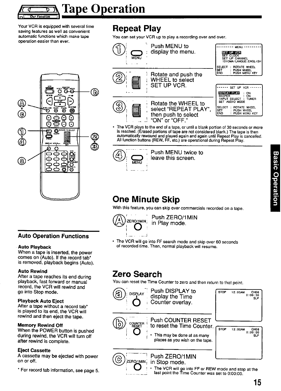 Mi—^ tape operation, Auto operation functions, Auto playback | Auto rewind, Playback auto eject, Memory rewind off, Eject cassette, Auto repeat function, Tape operation, Repeat play | Panasonic OMNIVISION PV-4661 User Manual | Page 15 / 32