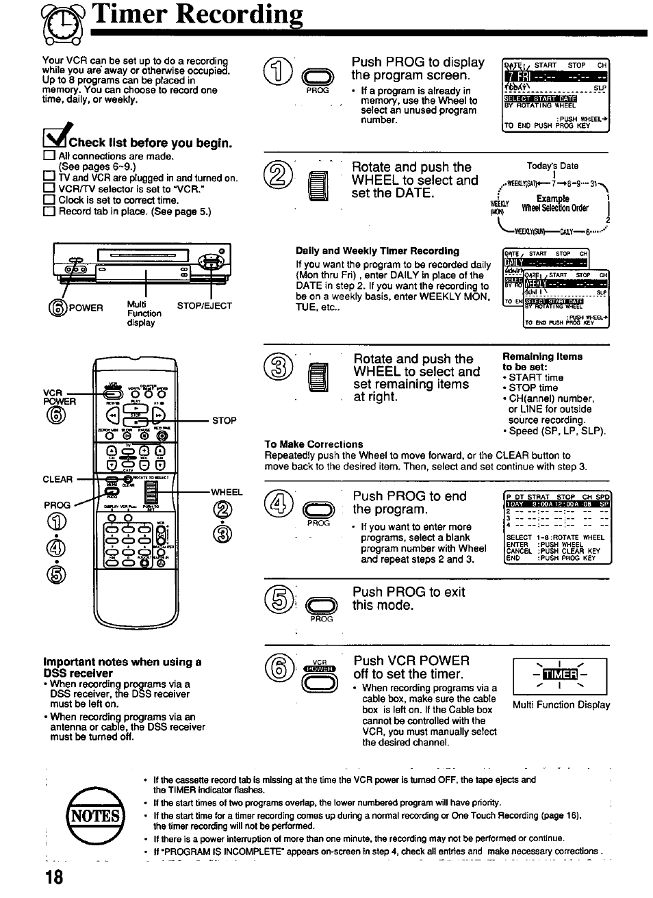 Timer recording, Important notes when using a, Dss receiver | Push prog to display the program screen, Push prog to end the program, Push prog to exit o this mode, Push vcr power off to set the timer | Panasonic OMNIVISION PV-4661 User Manual | Page 18 / 32