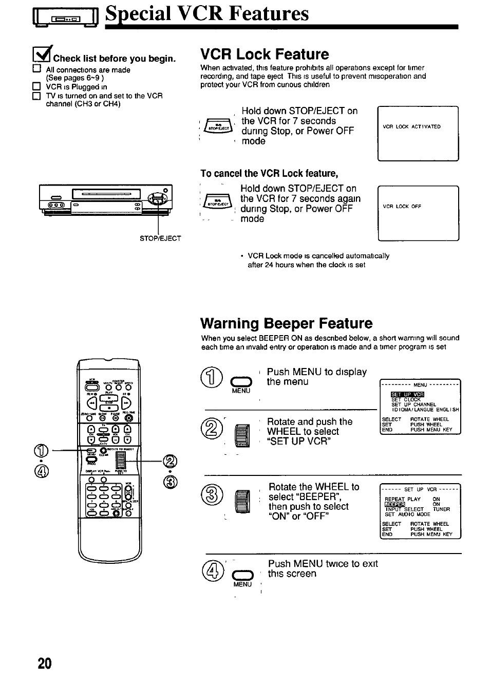 Special vcr features, To cancel the vcr lock feature, V '.......:j | Vcr lock feature, Warning beeper feature, Push menu twice to exit this screen | Panasonic OMNIVISION PV-4661 User Manual | Page 20 / 32