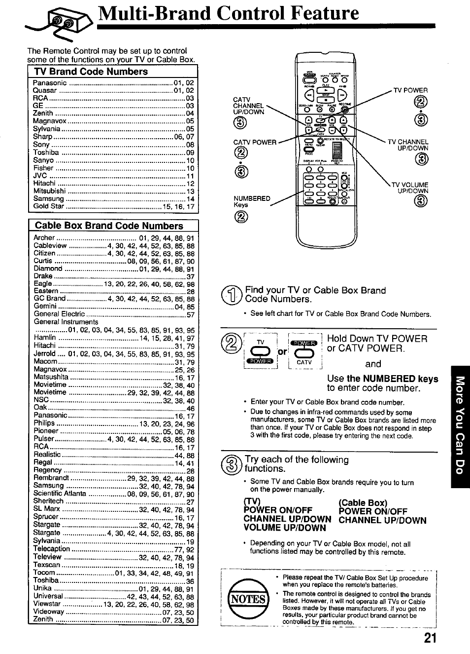 Multi-brand control feature, The remote control may be set up to control, Use the numbered keys | Find your tv or cable box brand code numbers, Hold down tv power i or catv power. and use, Try each of the following functions | Panasonic OMNIVISION PV-4661 User Manual | Page 21 / 32