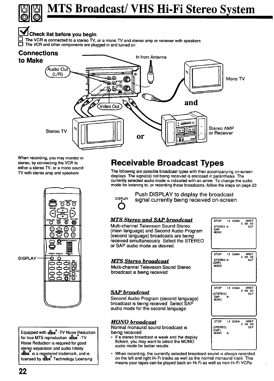 Raihi mts broadcast/ vhs hi-fi stereo system, Mts stereo and sap broadccist, Mts stereo hroadccist | Sap hr€>adca8t, Mono broa^ast, Receivable broadcast types | Panasonic OMNIVISION PV-4661 User Manual | Page 22 / 32