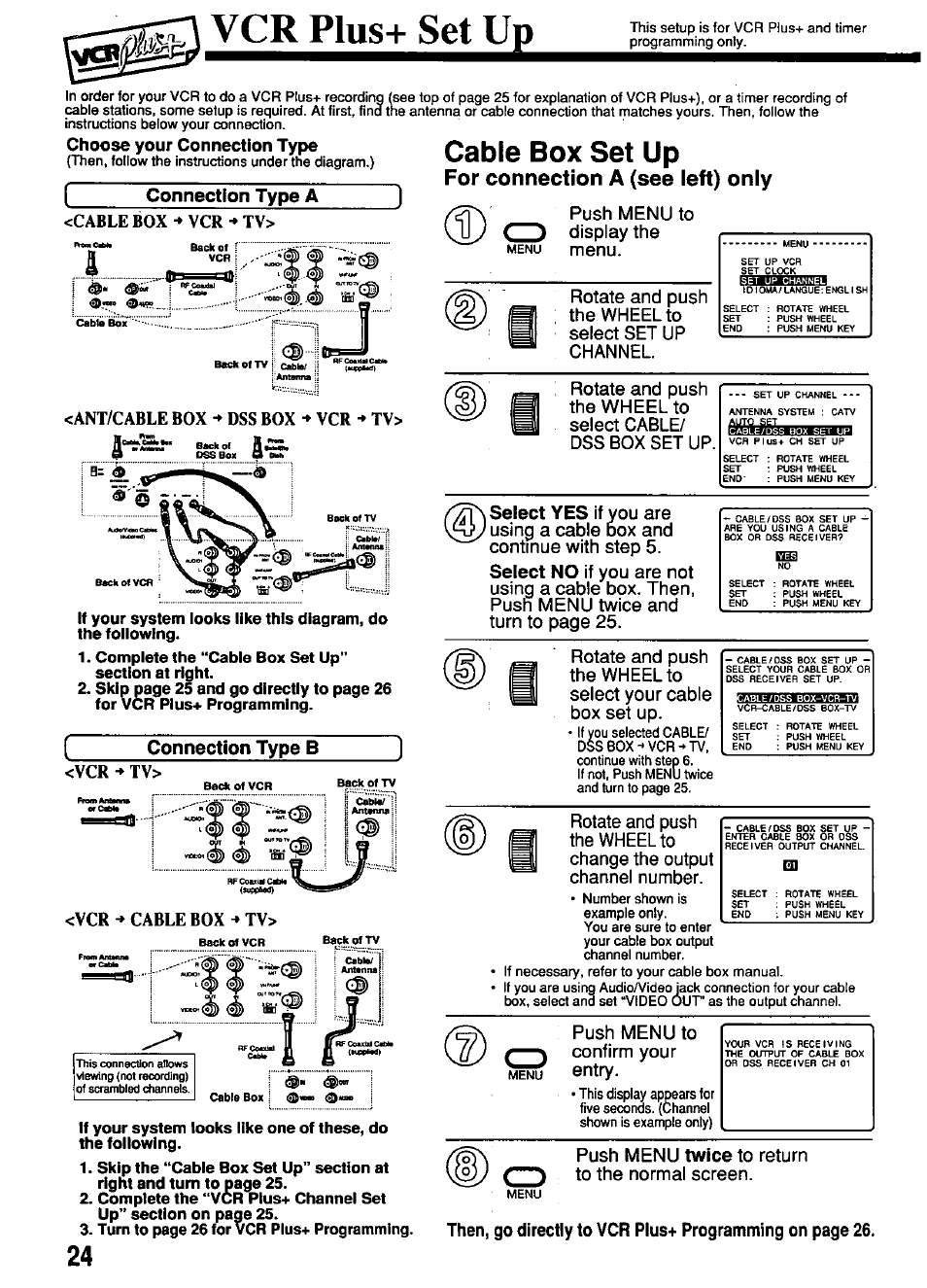 Vcr plus+ set up, For connection a (see left) only, Cabie box set up | Push menu to confirm your entry, Push menu twice to return to the normal screen | Panasonic OMNIVISION PV-4661 User Manual | Page 24 / 32