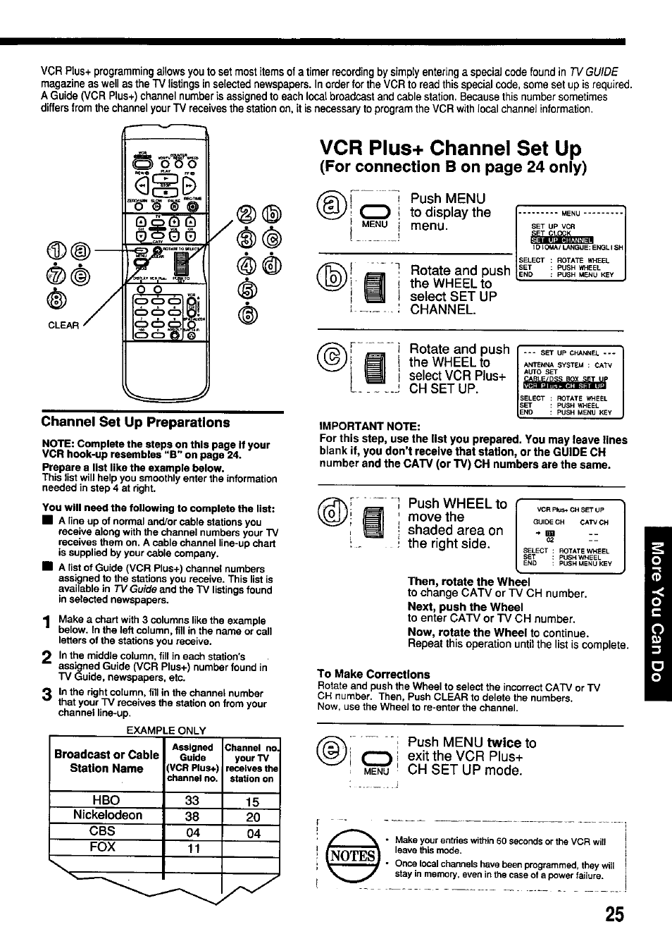 Channel set up preparations, Prepare a list like the example below, Vcr plus+ channel set up | Qçbû q, For connection b on page 24 only), Push menu | Panasonic OMNIVISION PV-4661 User Manual | Page 25 / 32