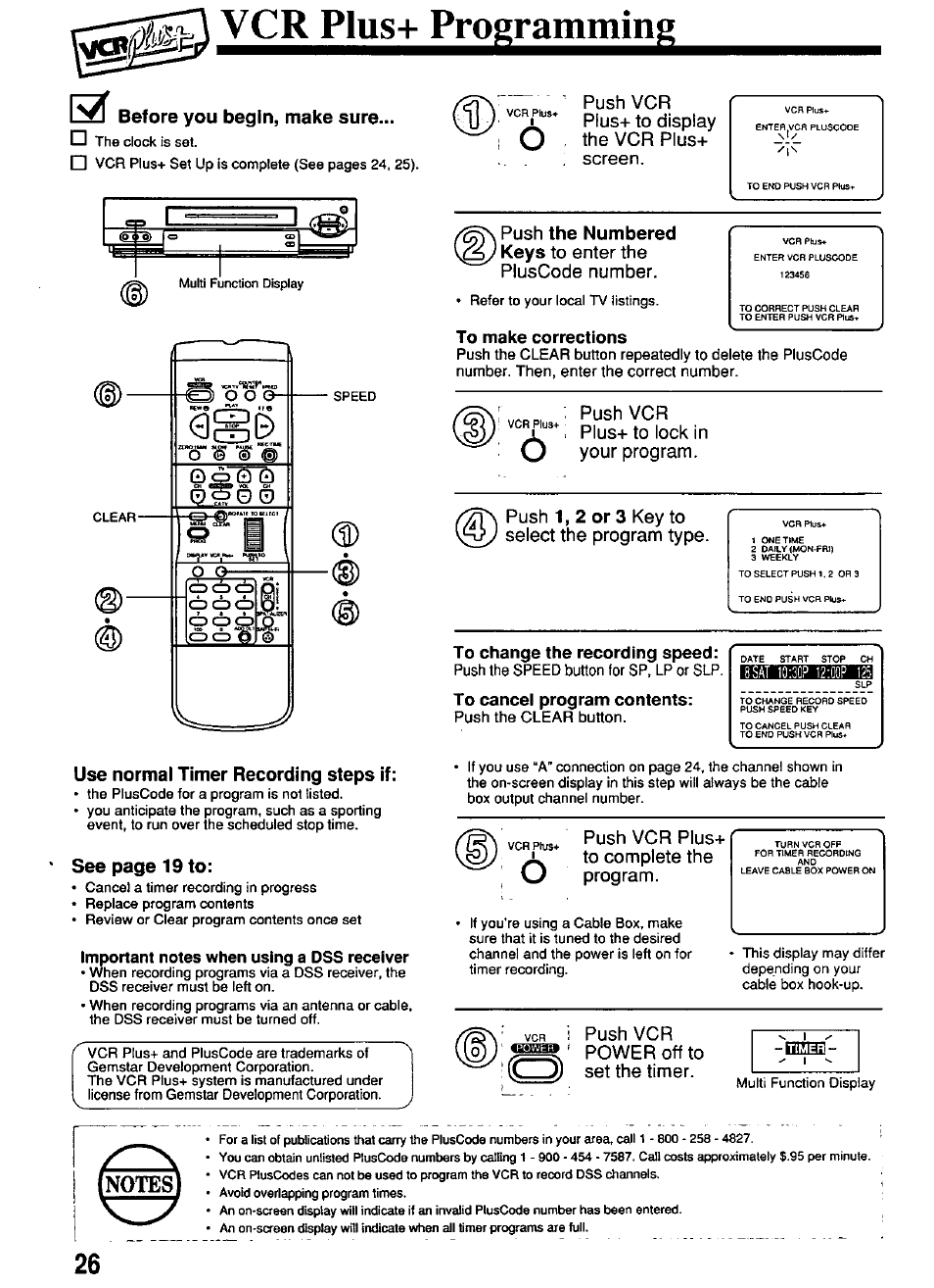 Vcrplus+progranm, Before you begin, make sure, Use normal timer recording steps if | Important notes when using a dss receiver, To make corrections, To change the recording speed, Push the speed button for sp, lp or slp, To cancel program contents, Push the clear button, Push vcr plus+ to display the vcr plus+ screen | Panasonic OMNIVISION PV-4661 User Manual | Page 26 / 32