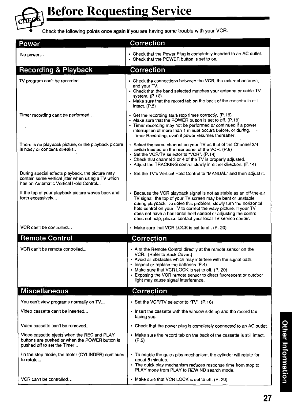 Before requesting service, Power correction 1, Recording & playback correction 1 | Remote control correction, 1 miscellaneous correction | Panasonic OMNIVISION PV-4661 User Manual | Page 27 / 32
