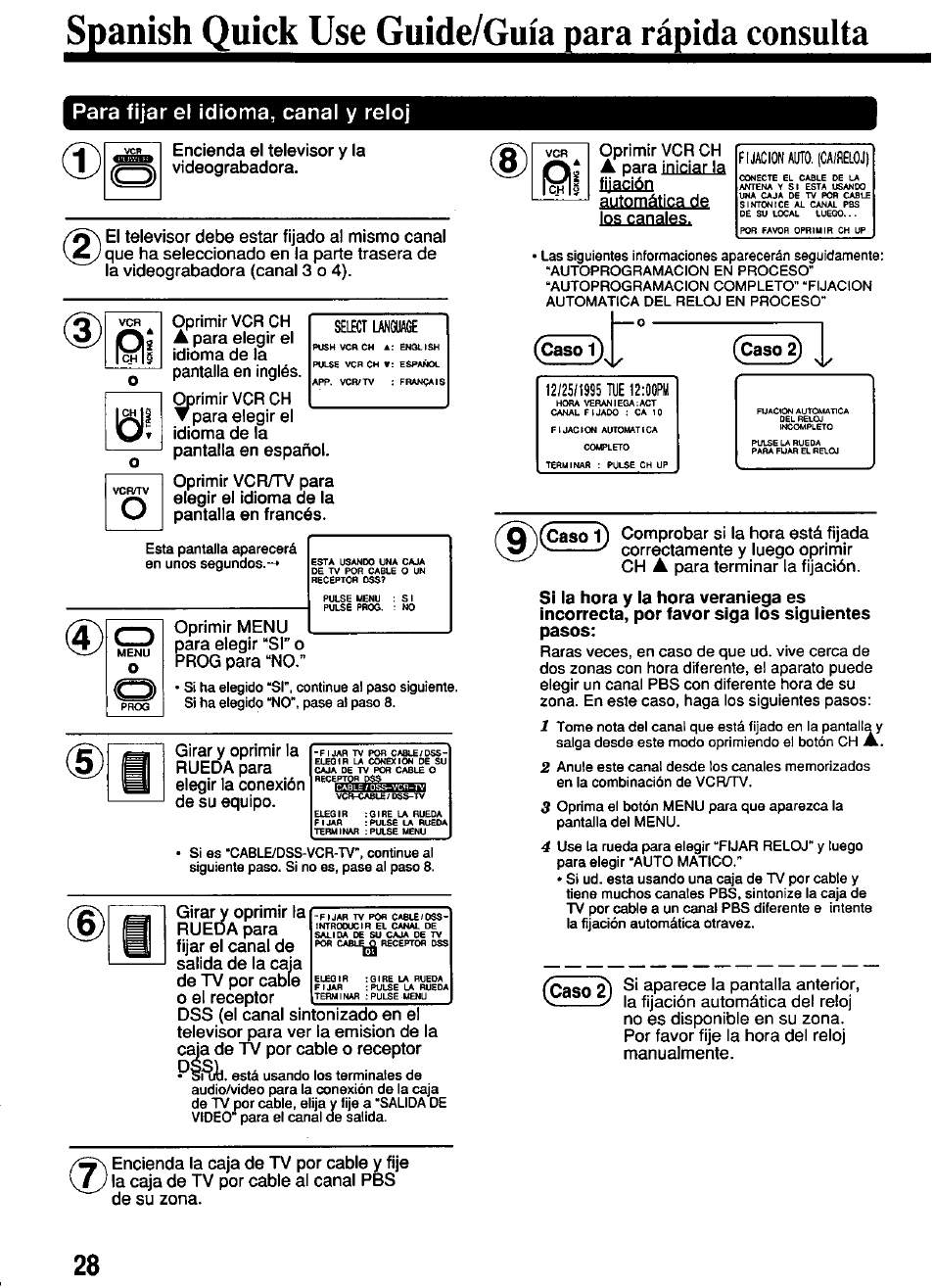 Spanish quick use guide/guia para rápida consulta, Oprimir menu para elegir “si” o prog para “no, V por cable o receptor | Q^fcaso f) comprobar sí la hora está fijada, Correctamente y luego oprimir ch, Para terminar la fijación | Panasonic OMNIVISION PV-4661 User Manual | Page 28 / 32