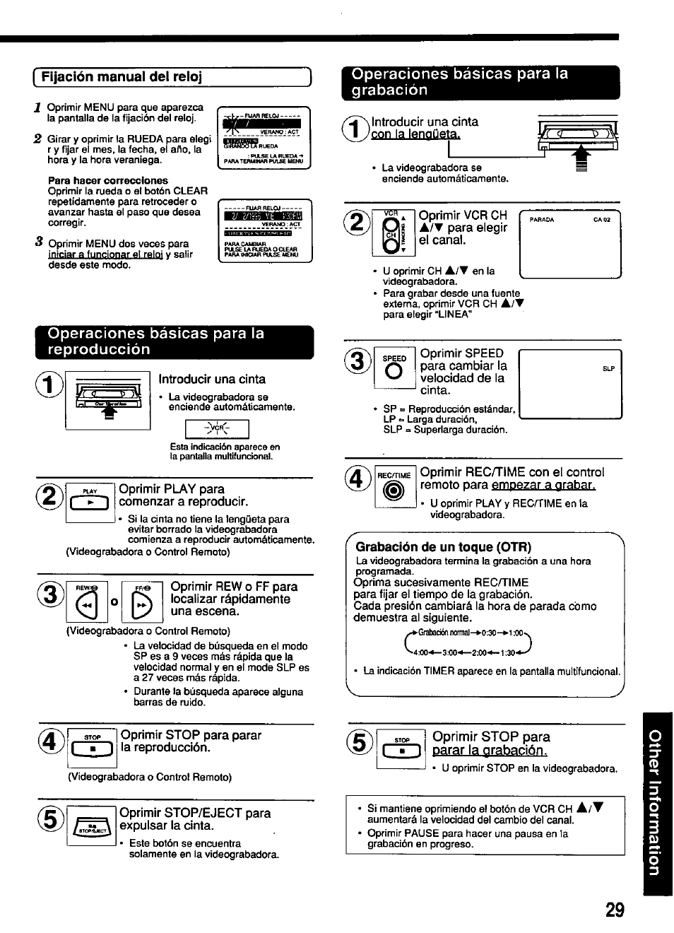 Fijación manual del reloj, Grabación de un toque (otr) | Panasonic OMNIVISION PV-4661 User Manual | Page 29 / 32