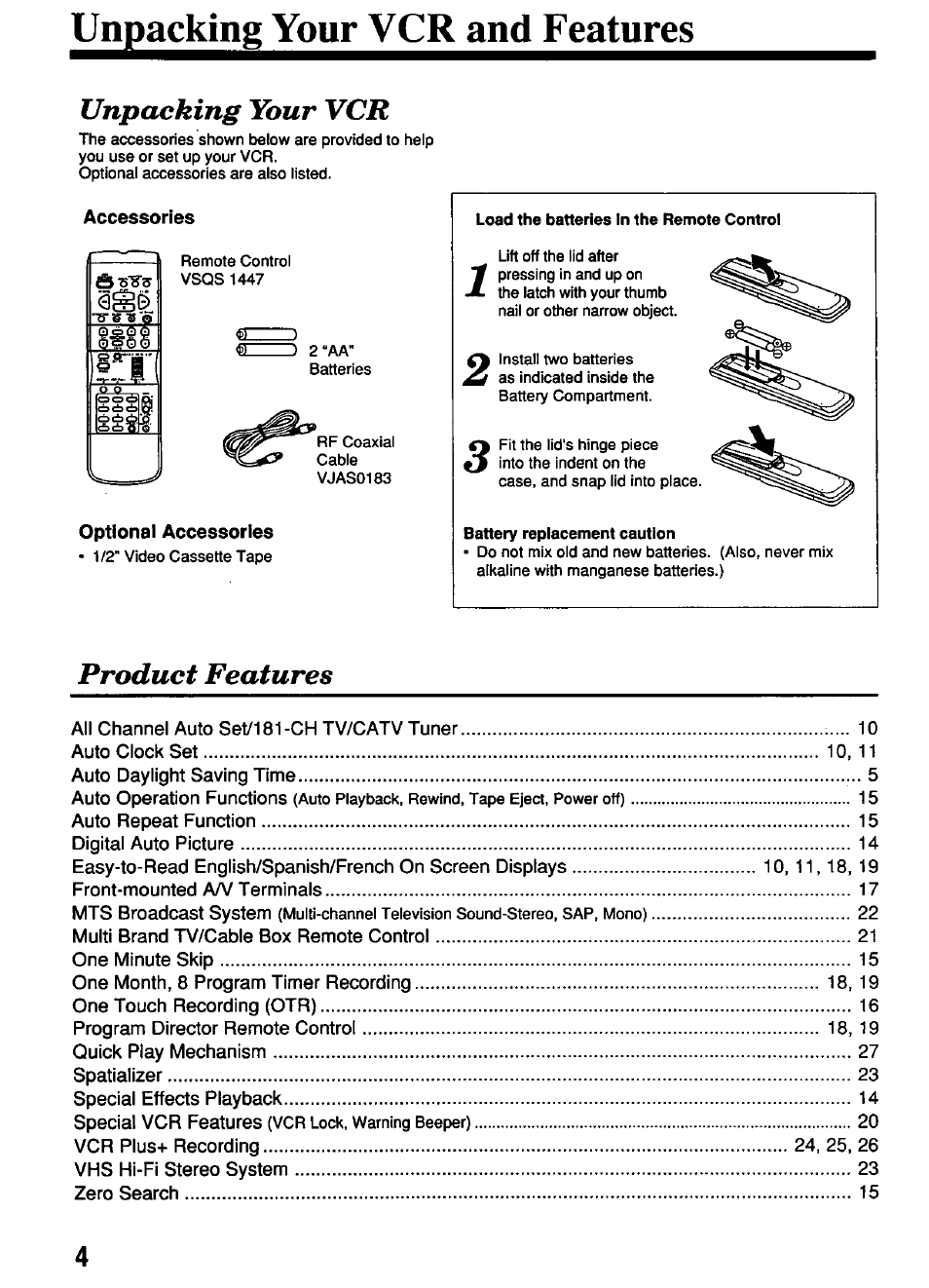 Unpacking your vcr and features, Accessories, Optional accessories | Unpacking your vcr, Product features | Panasonic OMNIVISION PV-4661 User Manual | Page 4 / 32