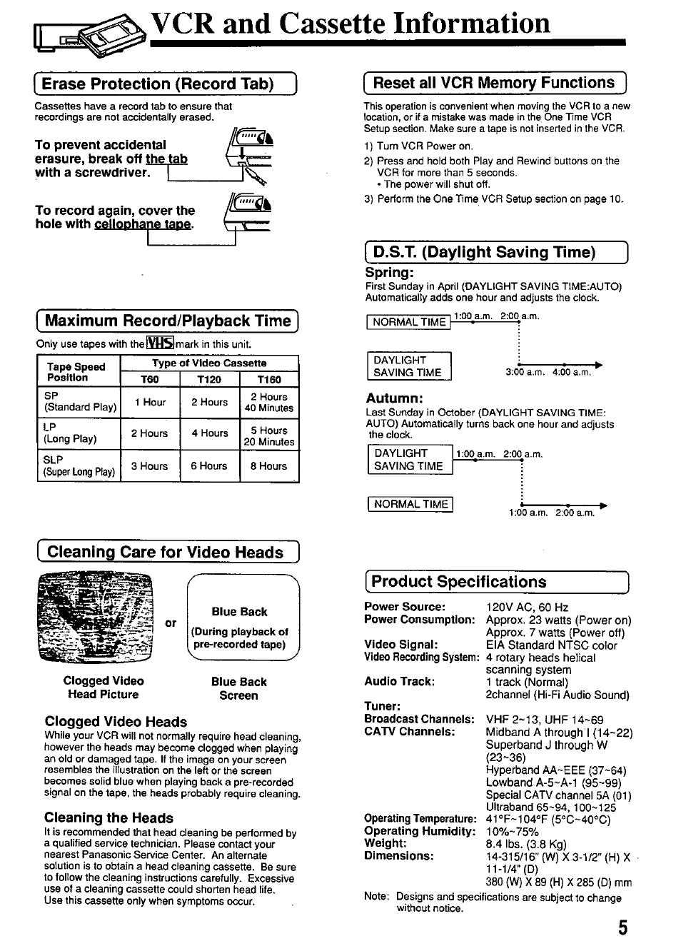 Vcr and cassette information, Erase protection (record tab), Maximum record/piayback time | Reset all vcr memory functions, D.s.t. (dayiight saving time), Spring, Autumn, I cieaning care for video heads, Clogged video heads, Cleaning the heads | Panasonic OMNIVISION PV-4661 User Manual | Page 5 / 32