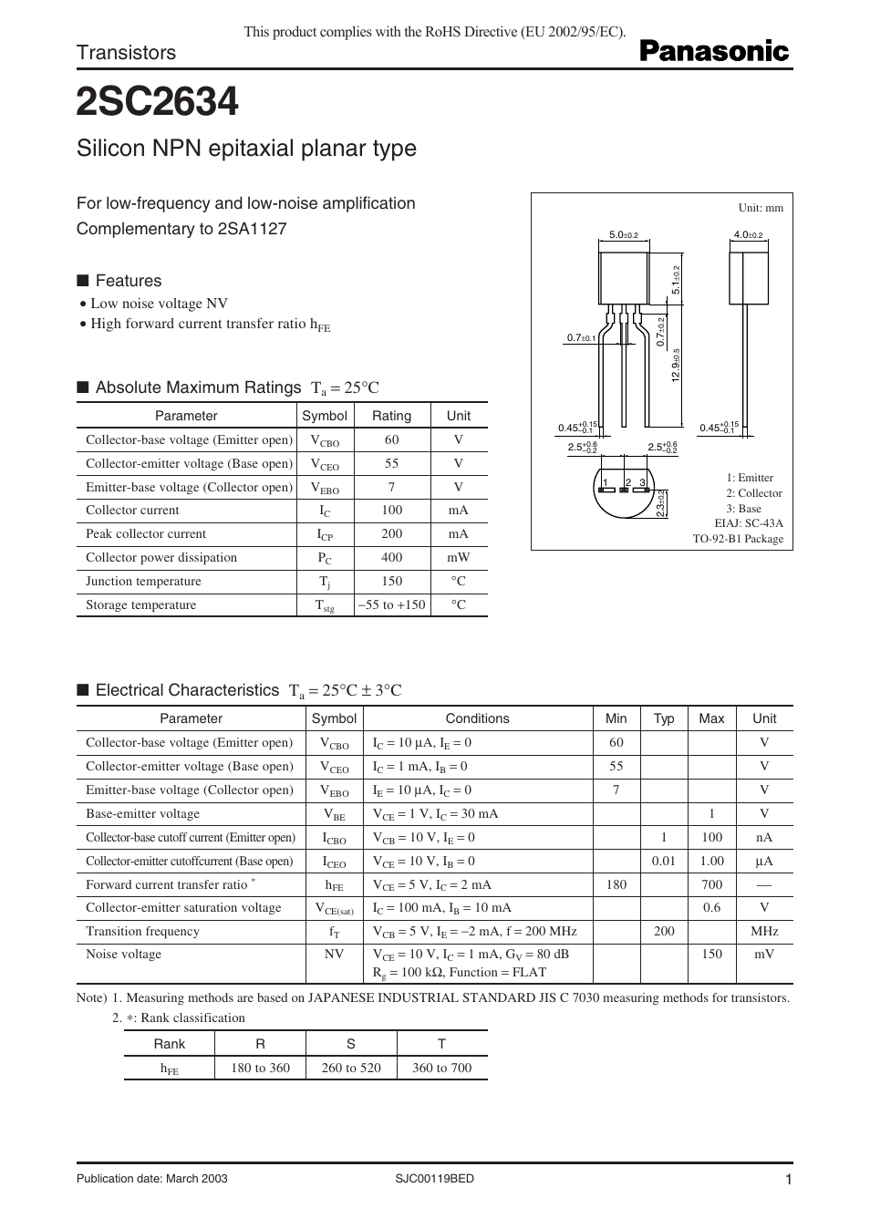 Panasonic 2SC2634 User Manual | 3 pages