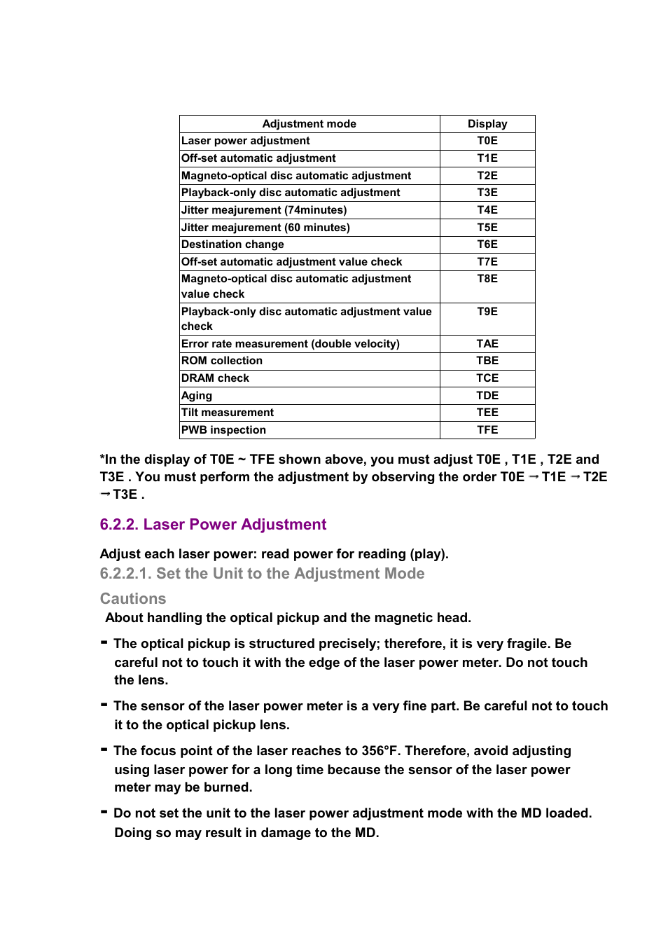 Laser power adjustment, Set the unit to the adjustment mode cautions | Panasonic SJ-MJ88 User Manual | Page 27 / 62