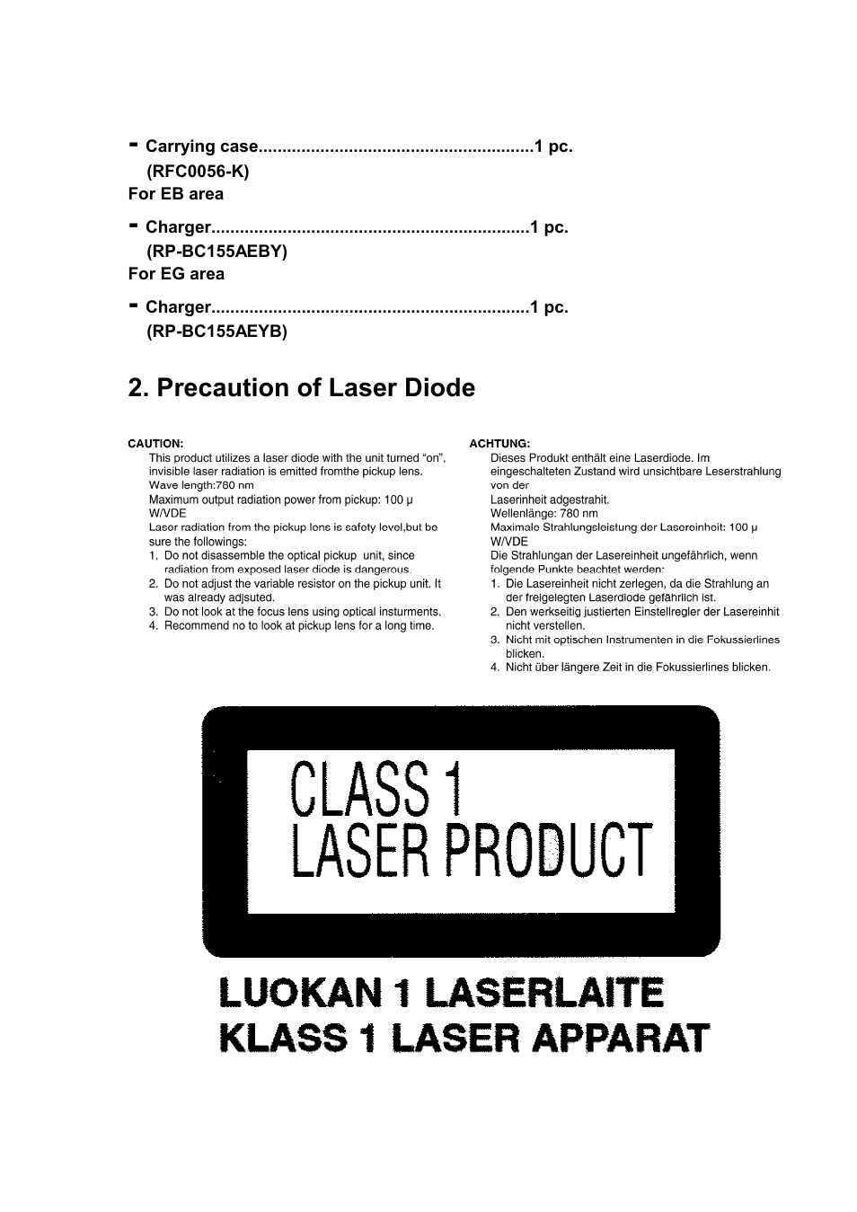 Precaution of laser diode | Panasonic SJ-MJ88 User Manual | Page 4 / 62