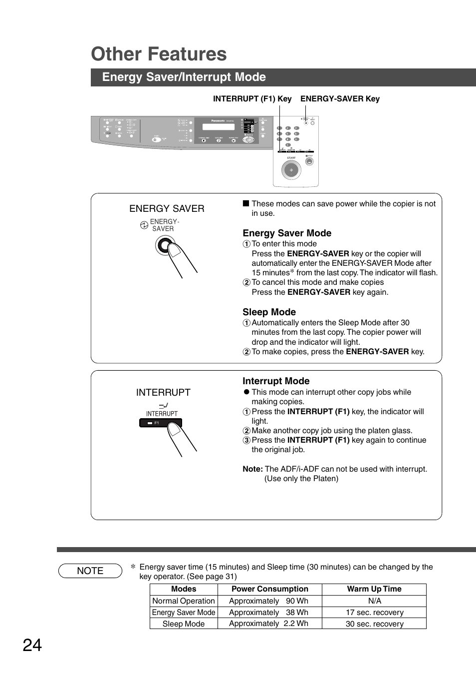 Other features, Energy saver/interrupt mode | Panasonic DP-1510P User Manual | Page 24 / 60